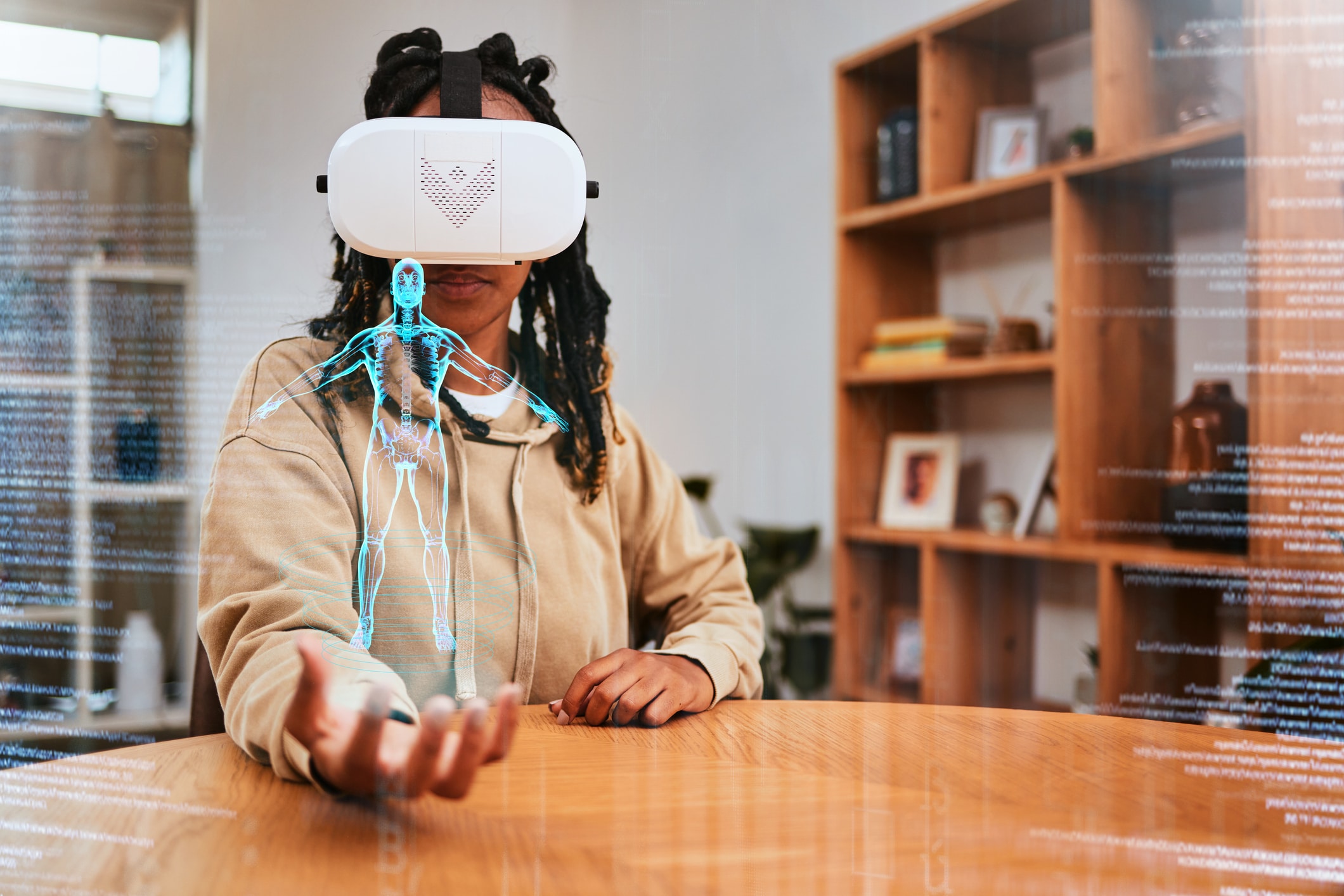 Virtual reality, vr and woman with human body hologram for digital research, online study or e learning. 3d anatomy, augmented reality overlay and African medical student with ai metaverse innovation